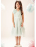 V Neck Sage Ruched Chiffon Knee Length Flower Girl Dress